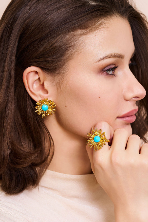 Kenneth Jay Lane Coral Reef Pierced Earrings - Gold Turquoise