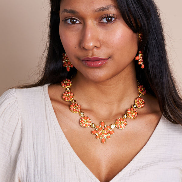 Kenneth Jay Lane Coral Rhinestone Gold Chain Necklace