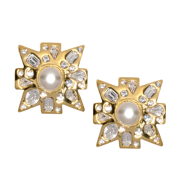 kenneth jay lane Crystal and Pearl Maltese Cross Clip Earrings