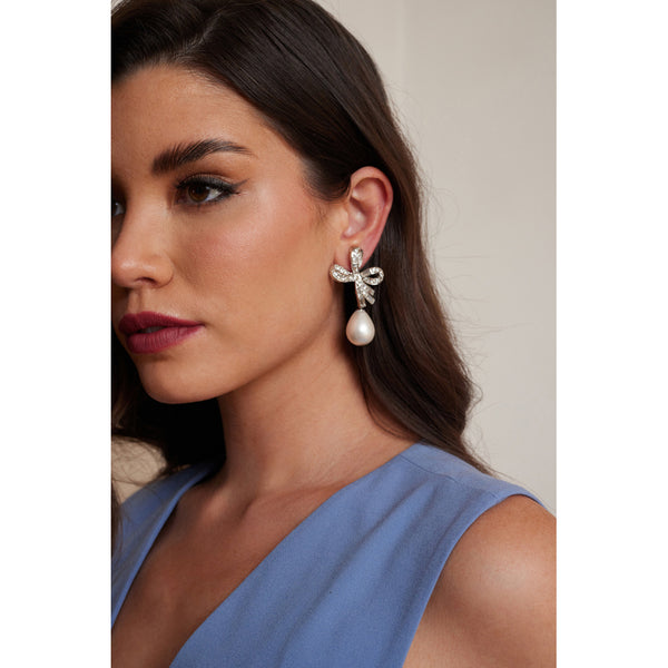 Kenneth Jay Lane Crystal Bow Pearl Drop Clip Earrings