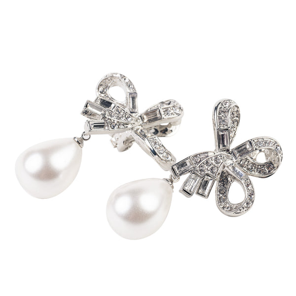 Kenneth Jay Lane Crystal Bow Pearl Drop Clip Earrings