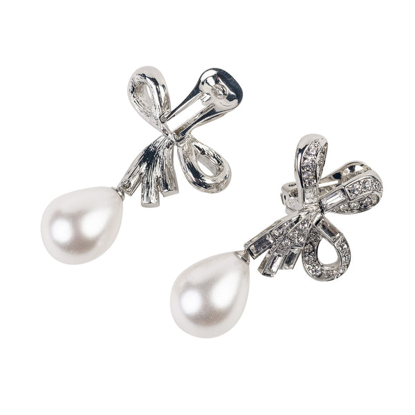 Kenneth Jay Lane Crystal Bow Pearl Drop Clip Earrings