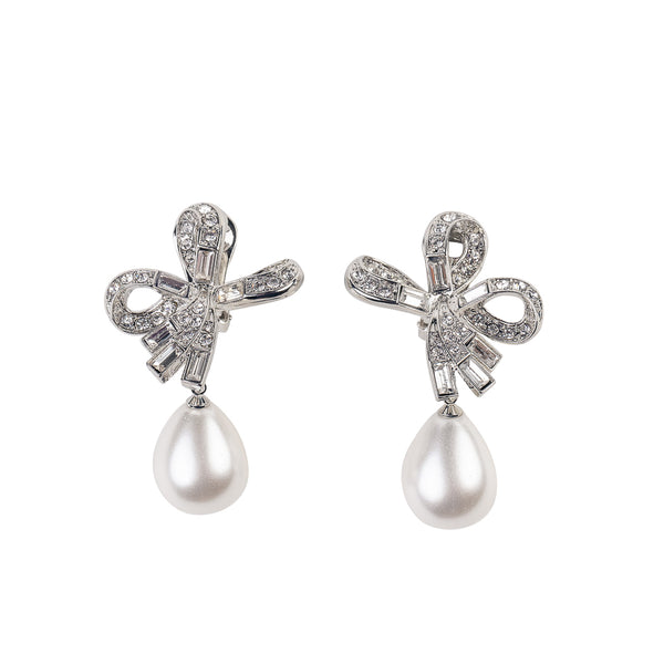 kenneth jay lane Crystal Bow Pearl Drop Clip Earrings