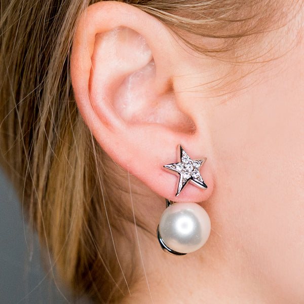 Kenneth Jay Lane Crystal Star Pearl Drop Pierced Earrings