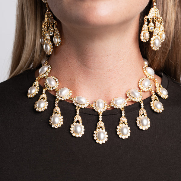 kenneth jay lane Cultura Pearl and Cabochon Drop Necklace