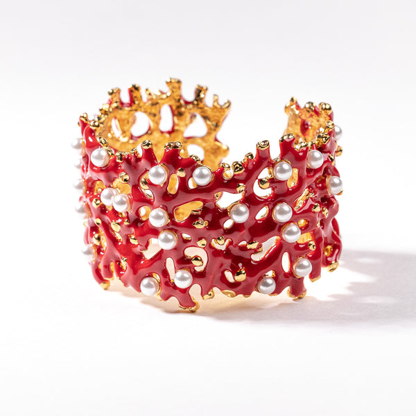 Kenneth Jay Lane Dark Coral Branch Hinged Cuff With Pearls