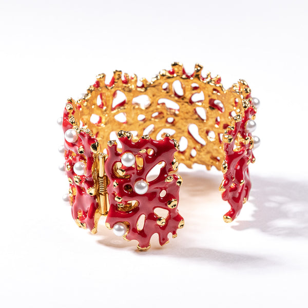 Kenneth Jay Lane Dark Coral Branch Hinged Cuff With Pearls
