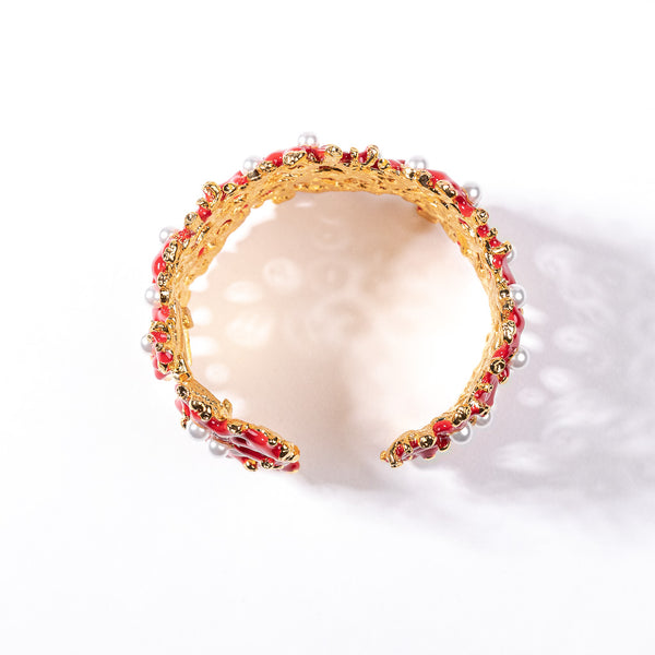 Kenneth Jay Lane Dark Coral Branch Hinged Cuff With Pearls