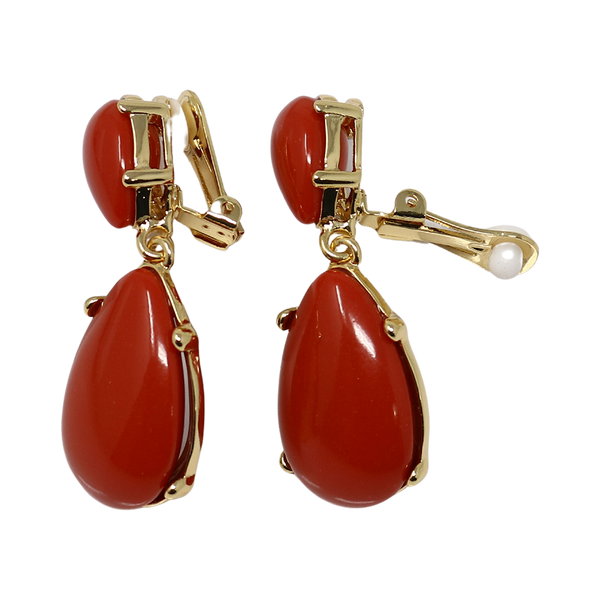Kenneth Jay Lane Dark Coral Resin Teardrop Cabochon Clip Earring