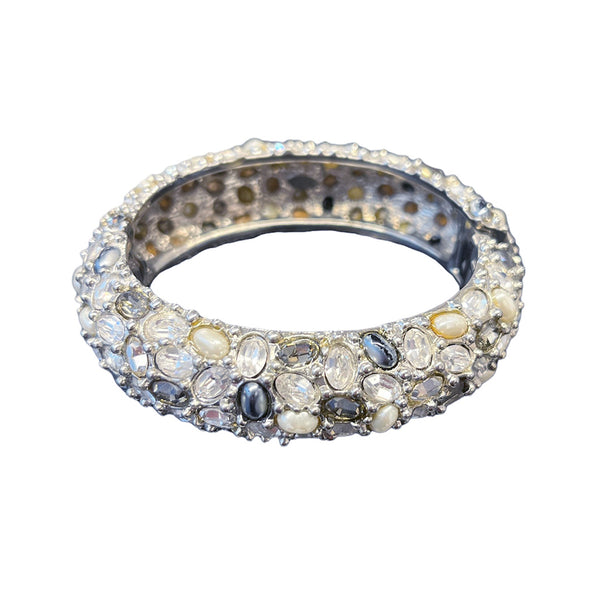 kenneth jay lane Diamond and Pearl Cluster Thick Bangle