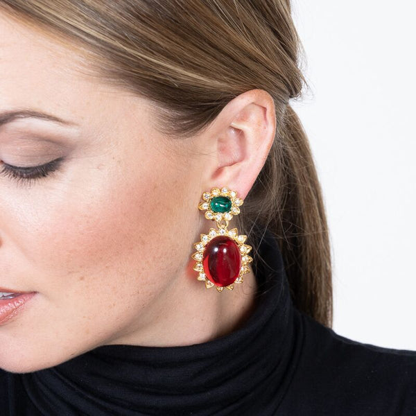 kenneth jay lane Emerald And Ruby Drop Clip Earrings
