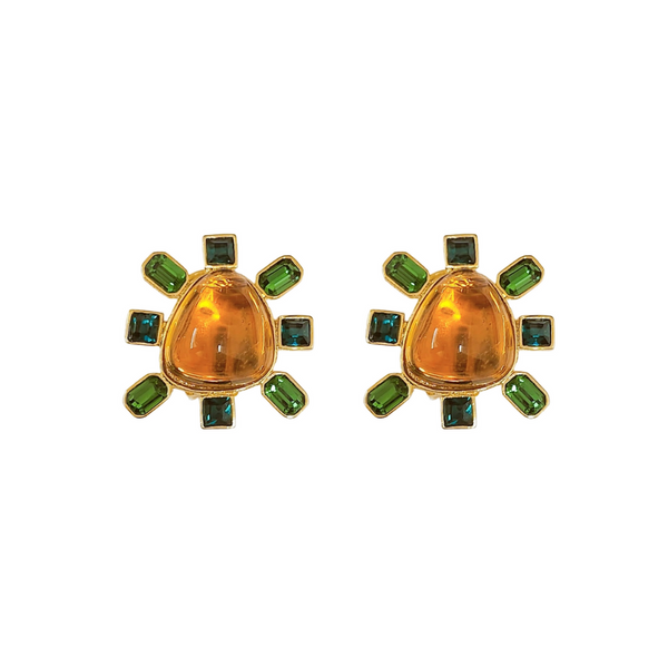 kenneth jay lane Emerald and Topaz Cabochon Center Clip Earring