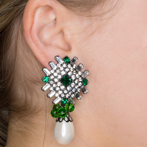 Kenneth Jay Lane Emerald And White Pearl Drop Clip Earrings