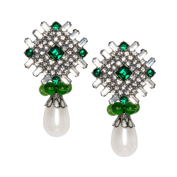 kenneth jay lane Emerald and White Pearl Drop Clip Earrings