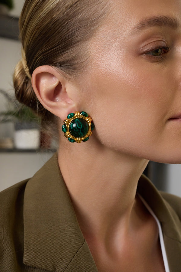Kenneth Jay Lane Emerald Cabochon Button Clip Earrings