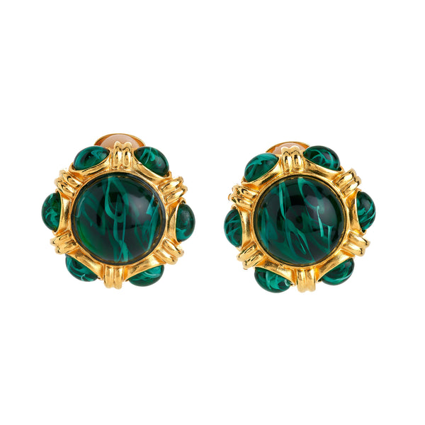 kenneth jay lane Emerald Cabochon Button Clip Earrings