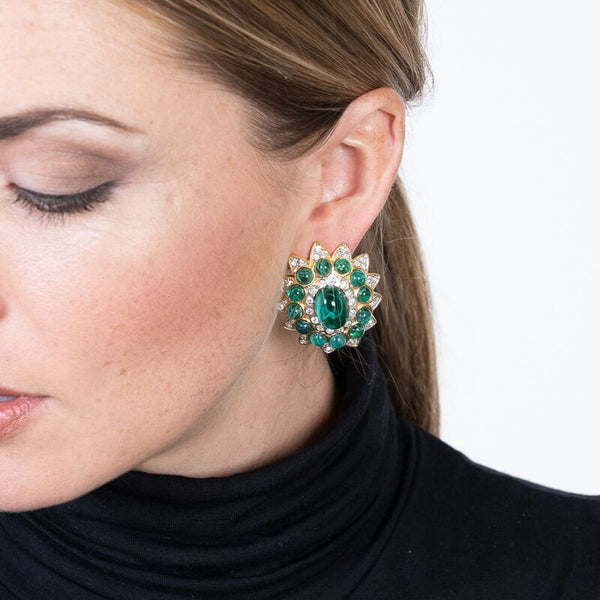 kenneth jay lane Flawed Emerald Cabochon Clip Earrings