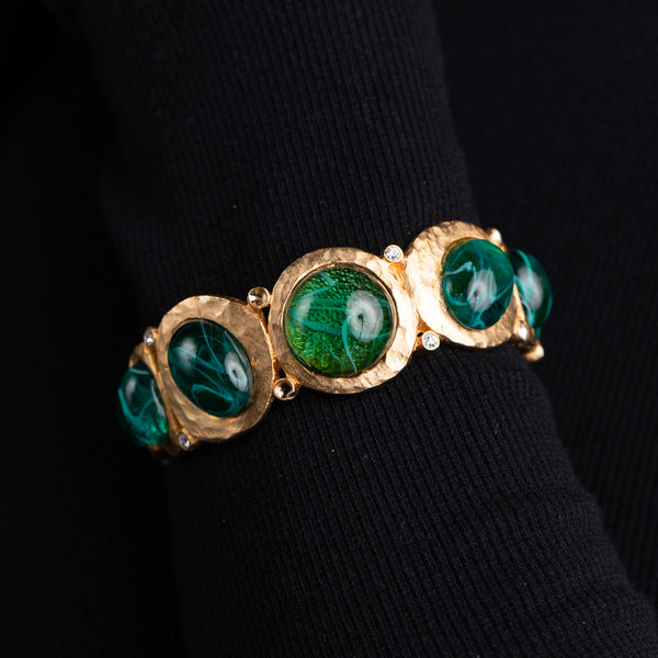 Kenneth Jay Lane Flawed Emerald Cabochon Hinged Bangle