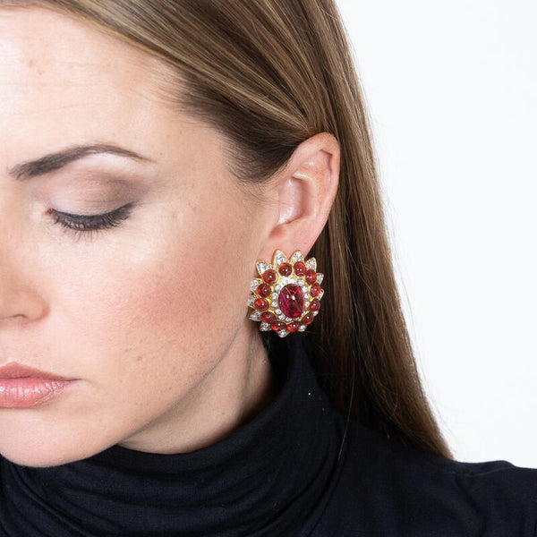 kenneth jay lane Flawed Ruby Cabochon Clip Earrings