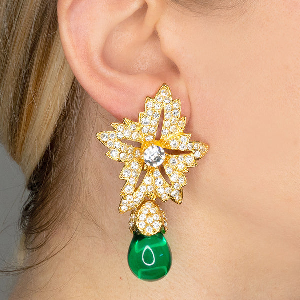 Kenneth Jay Lane Flower Top Emerald Teardrop Clip Earrings