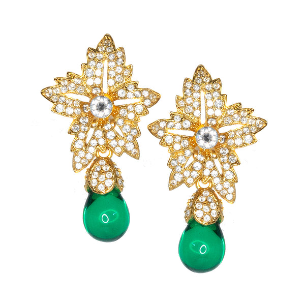 kenneth jay lane Flower Top Emerald Teardrop Clip Earrings