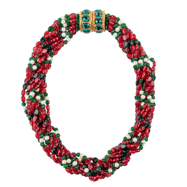 kenneth jay lane Gem and Pearl Beaded Necklace with Emerald Clasp