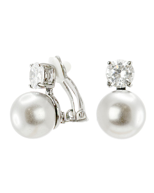 Kenneth Jay Lane Glass Pearl & Cubic Zirconia Drop Clip Earrings