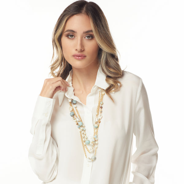 Kenneth Jay Lane Gold Amazonite & Pearl Link Necklace