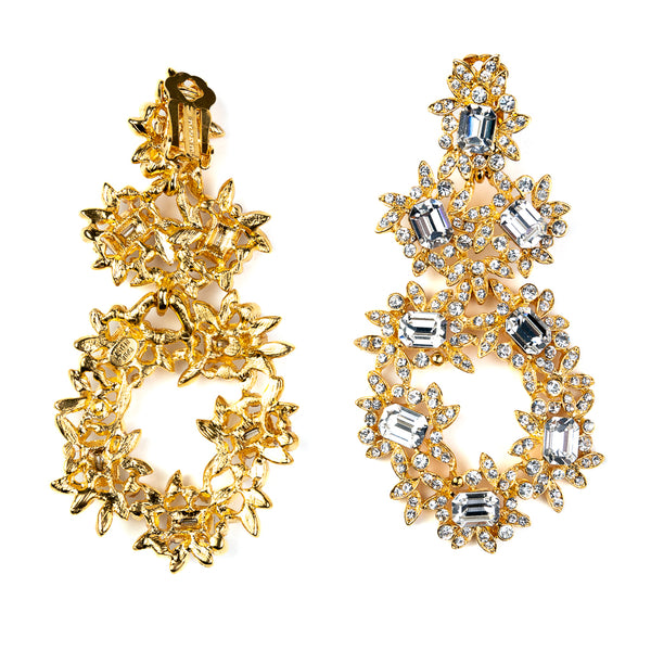 Kenneth Jay Lane Gold And Crystal Flower Clip Earrings
