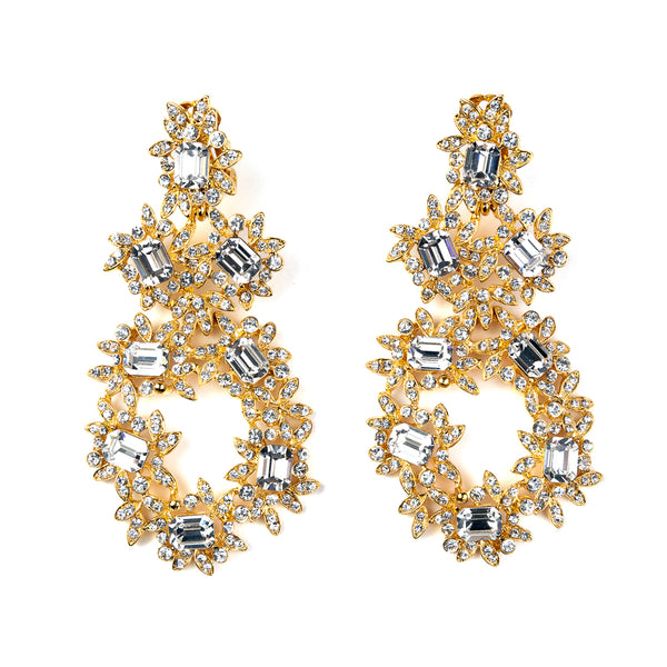 kenneth jay lane Gold and Crystal Flower Clip Earrings