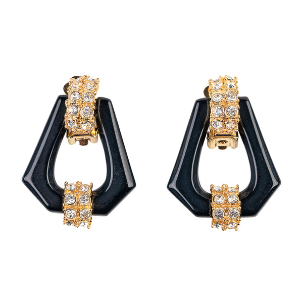 kenneth jay lane Gold and Crystal Hexagon Drop Clip Earring