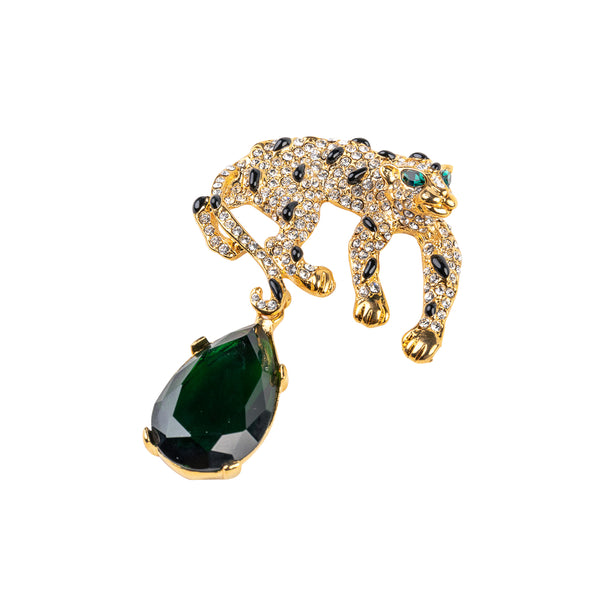Kenneth Jay Lane Gold And Crystal Leopard Pin With Emerald Eyes