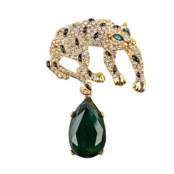 kenneth jay lane Gold and Crystal Leopard Pin with Emerald Eyes