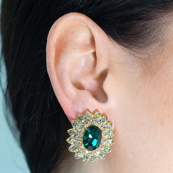 Kenneth Jay Lane Gold And Crystal Setting Emerald Stone Center Clip Earring