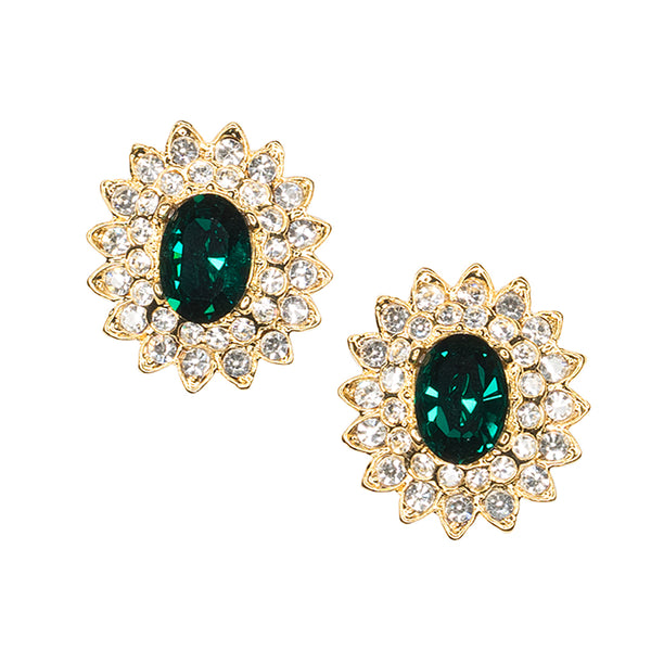kenneth jay lane Gold And Crystal Setting Emerald Stone Center Clip Earring