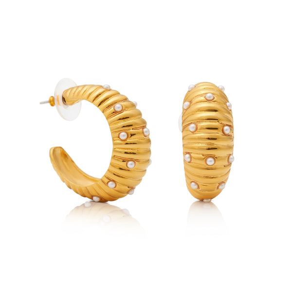 kenneth jay lane Gold and Pearl Dot Ribbed Pierced Hoop Earring