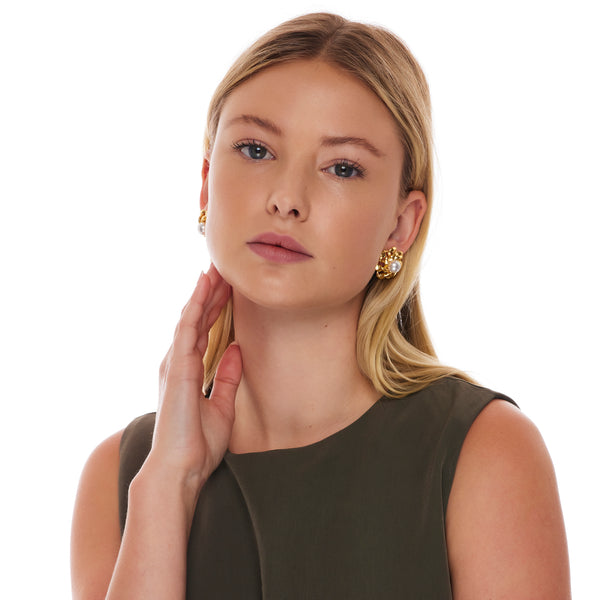 Kenneth Jay Lane Gold And Pearl Open Link Flower Pierced Earring