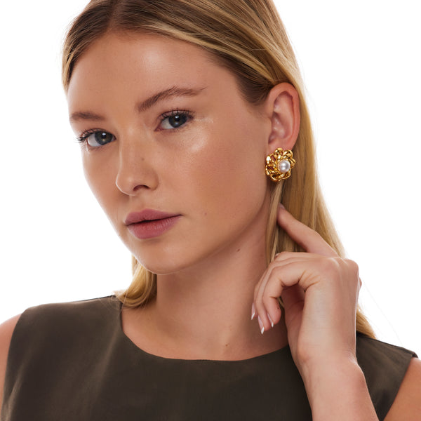 Kenneth Jay Lane Gold And Pearl Open Link Flower Pierced Earring