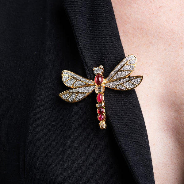Kenneth Jay Lane Gold And Rhinestone Ruby Dragonfly Pin