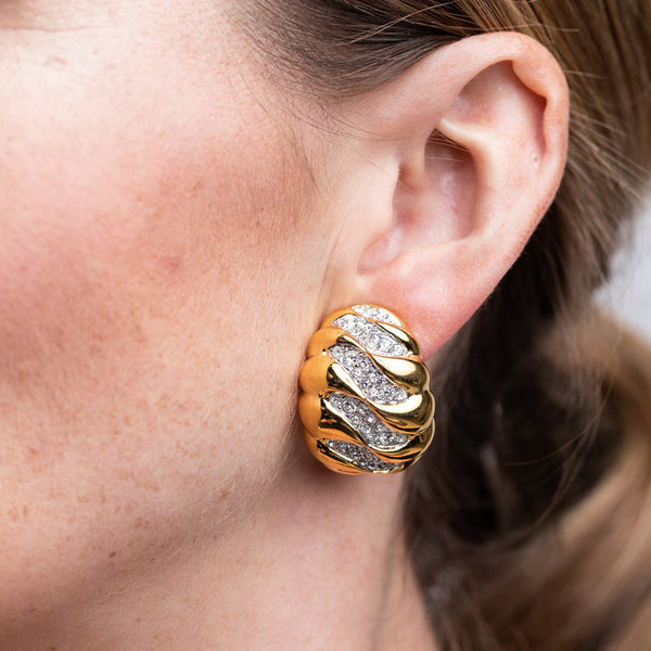 kenneth jay lane Gold and Rhinestone Wave Dome Clip Earrings