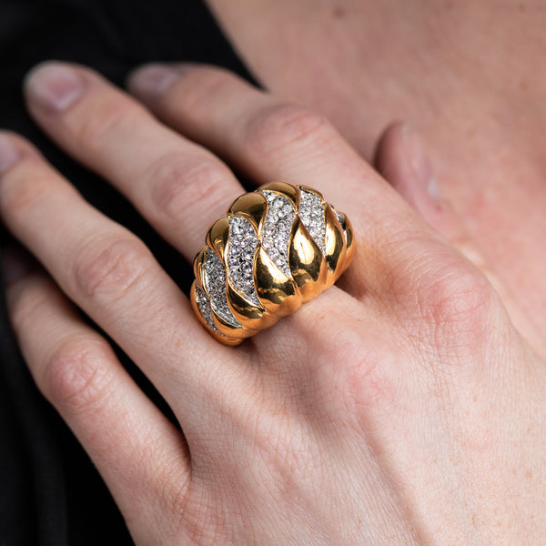 kenneth jay lane Gold and Rhinestone Wave Dome Ring