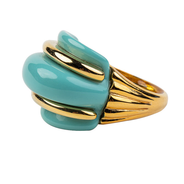 Kenneth Jay Lane Gold And Turquoise Double Ribbed Ring