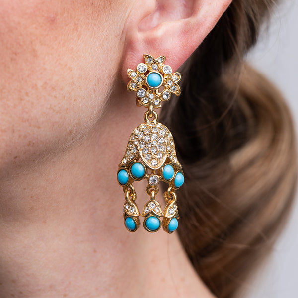 kenneth jay lane Gold And Turquoise Drop Clip Earrings