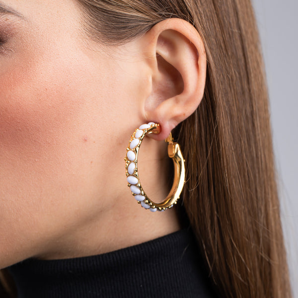 kenneth jay lane Gold and White Cabochon Hoop Clip Earrings