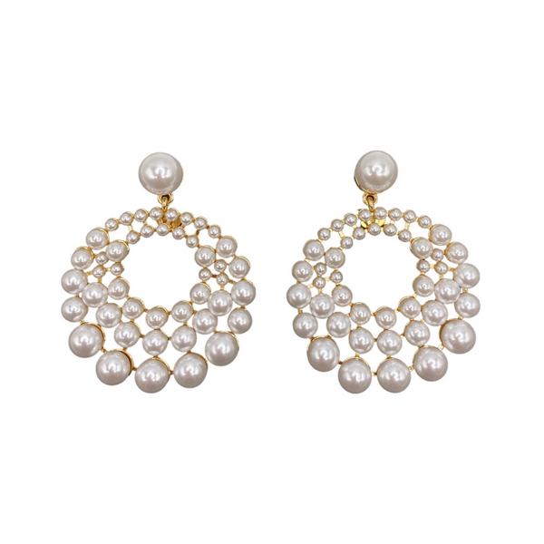 kenneth jay lane Gold and White Pearl Cluster Circle Earrings