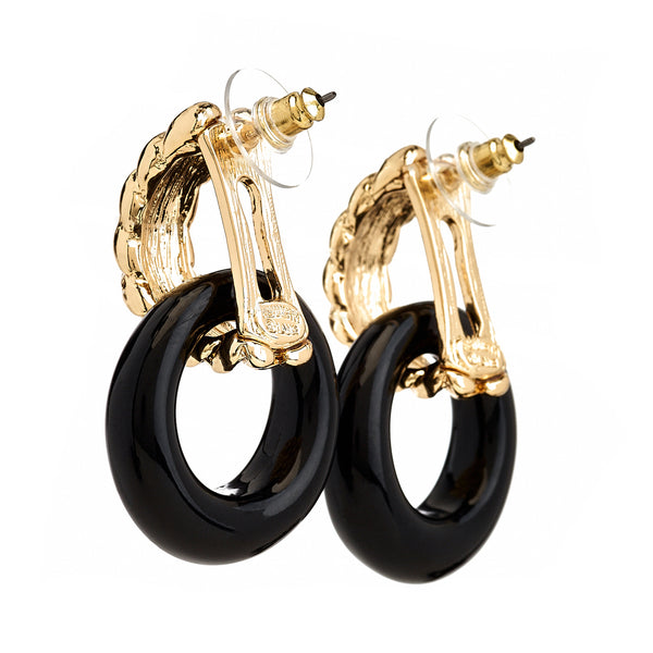 Kenneth Jay Lane Gold & Black Doorknocker Pierced Earrings