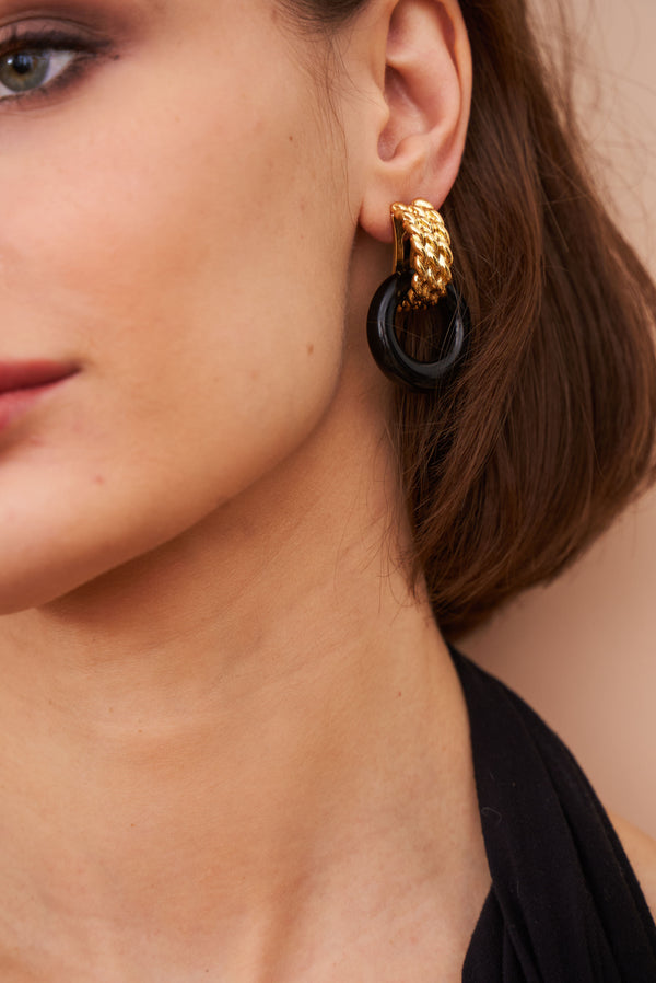 Kenneth Jay Lane Gold & Black Doorknocker Pierced Earrings