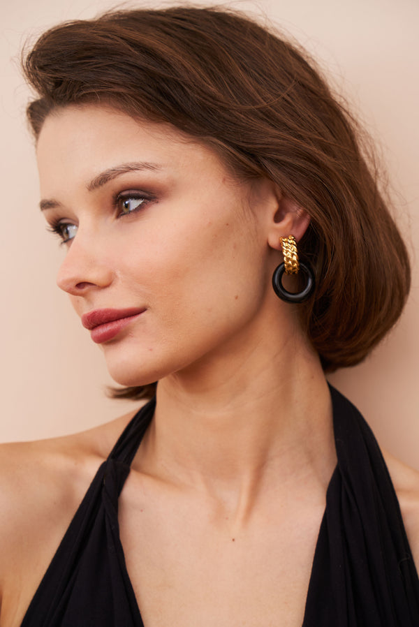 Kenneth Jay Lane Gold & Black Doorknocker Pierced Earrings