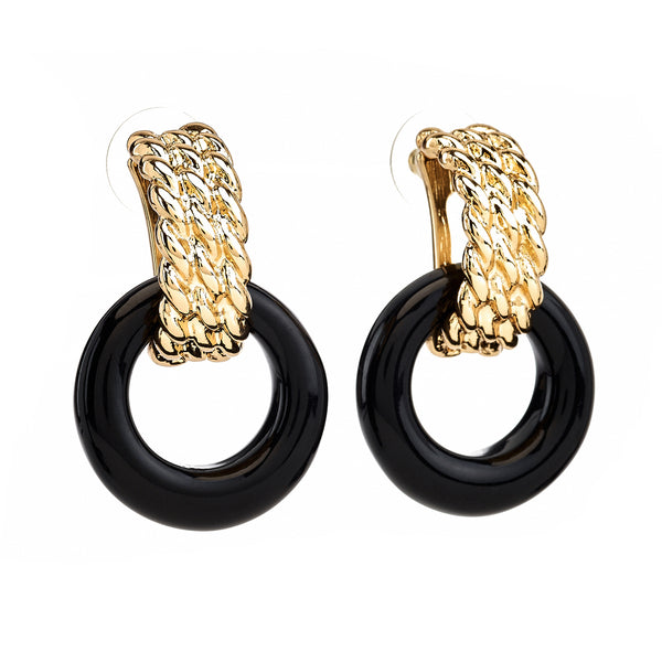 kenneth jay lane Gold & Black Doorknocker Pierced Earrings