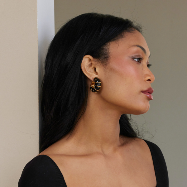 Kenneth Jay Lane Gold & Black Enamel Hoop Clip Earrings